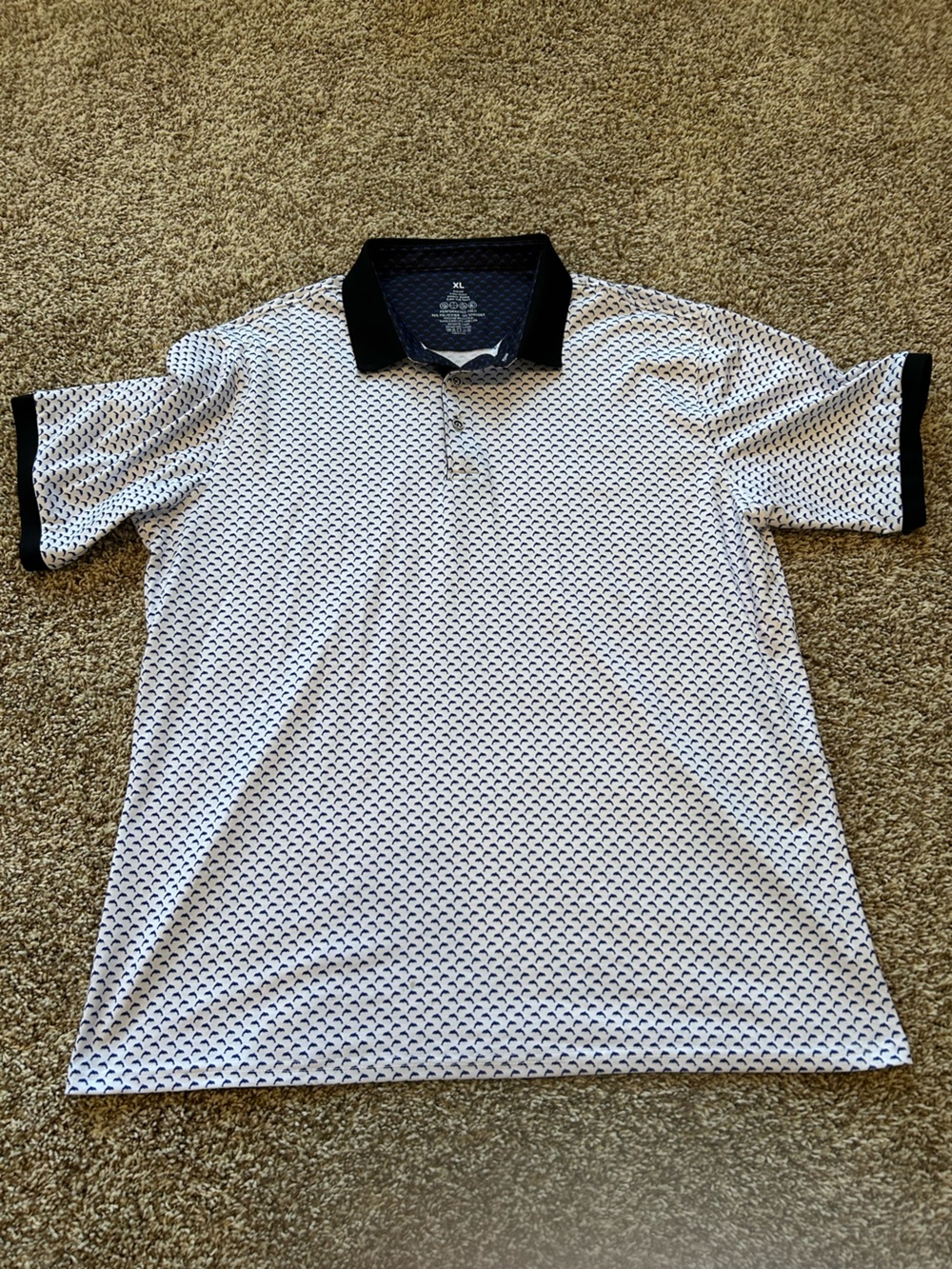 Men's White Polo Shirt with Navy Micro-Pattern and Black Trim